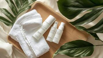 A collection of eco-friendly skincare products is elegantly displayed on a wooden tray surrounded by lush green leaves. The setting highlights a commitment to zero-waste beauty routines. photo