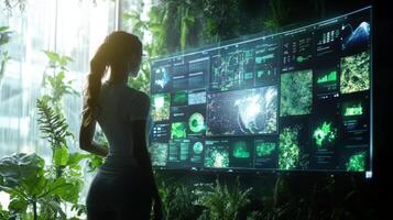 A person stands in a lush, green space, analyzing data on a high-tech screen. The visuals highlight sustainable finance metrics, showcasing the integration of technology and environmental awareness. photo