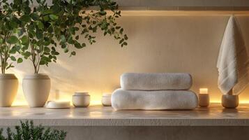 Soft light enhances a tranquil atmosphere filled with inviting scents. Fresh towels are neatly stacked on a natural stone surface surrounded by candles and greenery, creating a peaceful retreat. photo