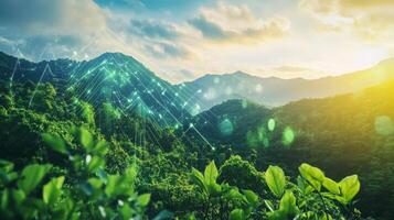 A serene view of green mountains at sunrise is enhanced by digital elements symbolizing artificial intelligence and sustainable finance. photo