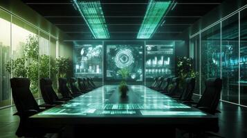 A high-tech conference room features a long table surrounded by ergonomic chairs, with digital screens displaying AI analytics, graphs, and financial data related to sustainability. photo