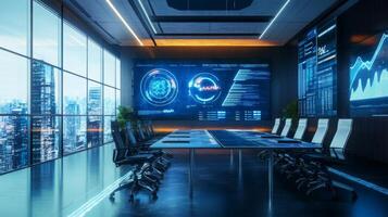 A sleek conference room with a large table and ergonomic chairs features advanced technology displays on walls. photo