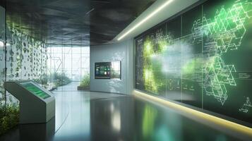 A modern interior highlights advanced AI installations focused on sustainable finance. Interactive displays convey financial data, surrounded by greenery that emphasizes eco-friendly practices. photo