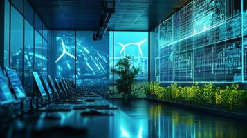 In a high-tech office with large windows, a team is engaged in analyzing data related to sustainable finance. photo