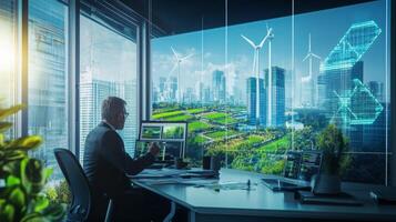 A professional analyzes data on a digital screen in a high-tech office infused with sustainable finance concepts. The background features urban greenery, wind turbines, and futuristic buildings. photo