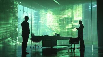 Two professionals engage in a discussion about sustainable finance in a contemporary office space. The background features a digital display with green graphics illustrating key data and trends. photo