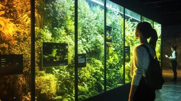 Visitors engage with interactive AI displays featuring sustainable finance concepts in a vibrant exhibition. The setting highlights the intersection of technology and environmental awareness. photo