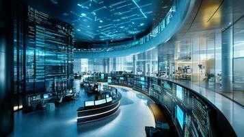 In a cutting-edge office space, professionals utilize advanced technology to analyze data related to sustainable finance. photo