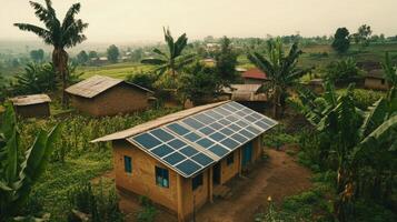 In a rural area, a house with solar panels on its roof stands amidst banana trees. photo