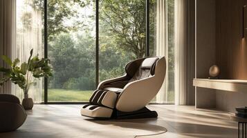 This unique chair positioned by a large window creates a tranquil atmosphere, combining multisensory experience with aromatherapy while surrounded by lush greenery and natural light. photo