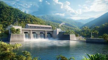 A modern hydroelectric plant utilizes water energy in lush mountains, showcasing AI technologies that enhance sustainable finance and conservation, positively affecting regional ecosystems. photo