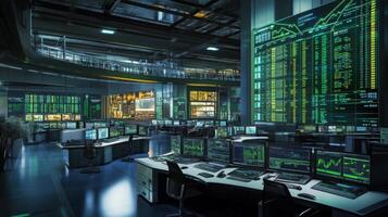 High-tech trading floor showcasing multiple screens filled with data and graphs related to sustainable finance. photo