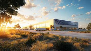 A modern building designed for sustainable finance stands under a vibrant sunset sky. Solar panels adorn the roof, emphasizing eco-friendly technology in a tranquil landscape with shrubs and grass. photo