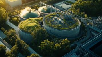 Aerial view of advanced facilities highlighting sustainable finance, with green rooftops on energy-efficient buildings amidst lush trees and eco-friendly tech in an urban environment. photo