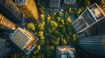 Aerial view of a vibrant city showcasing modern skyscrapers surrounded by lush green trees. The blending of nature and architecture highlights the focus on sustainable finance and development. photo