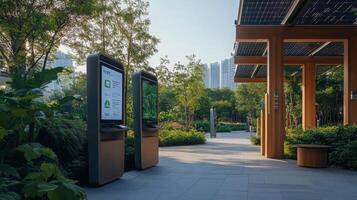 Two interactive kiosks providing details on sustainable finance stand in a lush urban park. Surrounded by greenery, solar panels on a nearby structure signal a commitment to eco-friendly initiatives. photo