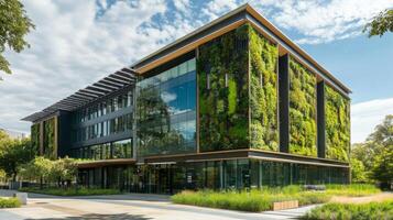 A contemporary building integrates lush vertical gardens into its facade, emphasizing sustainable finance. This innovative structure promotes eco-friendly practices in urban architecture. photo