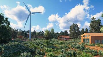 At a renewable energy site, a wind turbine stands tall among lush greenery. photo