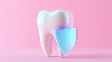 A symbolic representation of dental protection features a large, shiny tooth next to a translucent shield. This composition emphasizes the importance of safeguarding oral health in a vibrant setting. photo