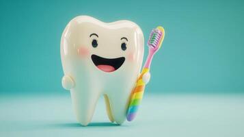 A cheerful tooth character with a happy expression stands holding a colorful rainbow toothbrush. This playful representation emphasizes the importance of dental hygiene and protection for kids. photo