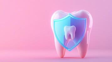 A stylized tooth with a translucent protective shield is displayed against a pink background. This visual symbolizes the blend of dental care and advanced AI technology for oral health protection. photo