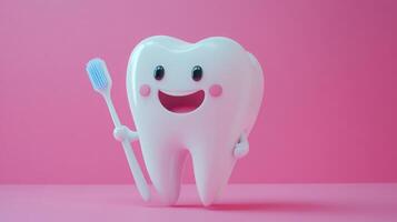 A cheerful tooth character holds a toothbrush against a vibrant pink background. The character encourages good dental hygiene practices through its playful expression and inviting stance. photo