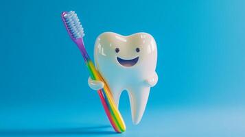 A friendly tooth character with a smiling face holds a vibrant toothbrush against a bright blue background. This playful depiction emphasizes the importance of dental hygiene and protection. photo