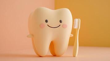 A cheerful tooth character stands proudly next to a toothbrush, encouraging good dental habits. photo
