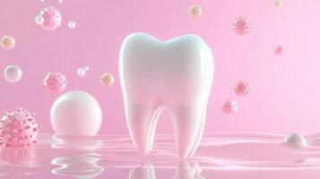 An illustration showcases a large, glossy white tooth surrounded by various microscopic germs and viruses. The background is a soft pink, emphasizing the focus on dental protection and health. photo