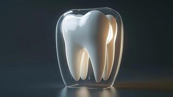 A highly detailed 3D representation of a tooth is encased in a transparent shield, symbolizing the fusion of artificial intelligence and protective measures in dentistry. photo