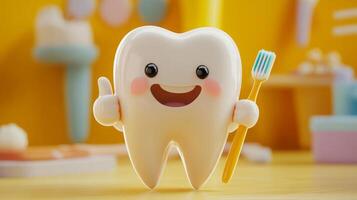 A cheerful tooth character holds a toothbrush and gives a thumbs up, conveying the importance of dental hygiene and protection. Bright colors in the background enhance the playful atmosphere. photo