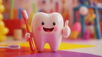 A cheerful tooth character stands with a red toothbrush, giving a thumbs up in a colorful, playful setting. The scene promotes dental hygiene, emphasizing the importance of oral care for all ages. photo