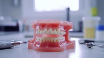 A lifelike dental model showcasing upper and lower teeth is placed on a table in a dental office. Tools for examination and cleaning are visible in the background, enhancing the educational setting. photo