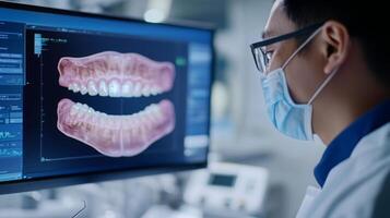 A dental professional analyzes a detailed digital model of teeth on a computer screen in a modern clinic setting. The integration of AI enhances diagnostic accuracy and treatment planning. photo