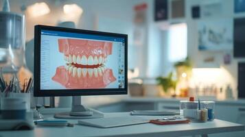 In a contemporary dental clinic, a computer screen displays a detailed 3D model of teeth and gums. The setup showcases advanced ai tools aiding dentists in patient assessments and treatment planning. photo