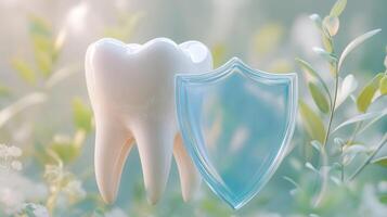 A large tooth stands prominently beside a translucent shield, symbolizing the protective benefits of AI in dentistry. This visual representation underscores advancements in oral health care methods. photo