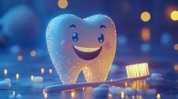 A friendly tooth character, glowing and smiling, encourages dental care. It is positioned beside a bright toothbrush, creating a playful atmosphere in a colorful setting suggesting good oral health. photo
