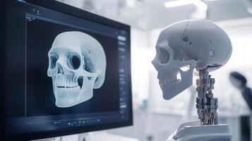 A digital display showcases a 3D model of a skull while a robotic skeleton stands beside it. photo