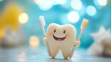 A cheerful cartoon tooth character smiles while holding toothbrushes in both hands. photo