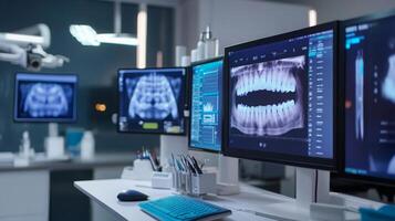 In a modern dental clinic, multiple screens display detailed dental X-rays showing a patient's teeth and jaw structure. photo
