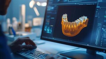 A dental professional utilizes advanced artificial intelligence and digital tools to design a detailed 3D model of a dental arch on a computer screen. This process enhances precision in dentistry. photo