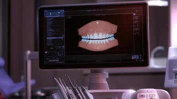 A digital screen displays a detailed 3D model of a dental structure in a modern dental clinic. The setting highlights the use of advanced technology in contemporary dentistry practices. photo