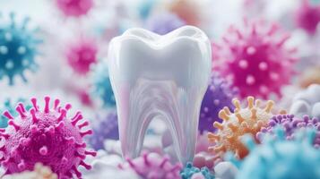 A detailed view showcases a tooth surrounded by colorful representations of bacteria and viruses. photo