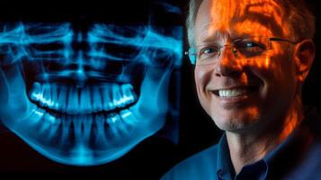 A dental professional stands next to a digital X-ray display, showcasing the integration of AI in modern dentistry. The setting highlights the focus on oral health and innovative techniques. photo