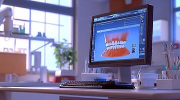 A computer displays a detailed digital rendering of teeth in a bright dental office. photo