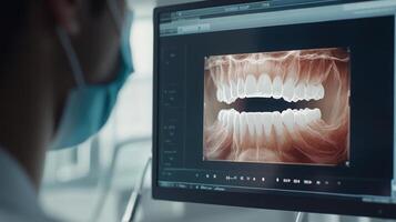 A dental professional reviews a digital x-ray of patient teeth on a computer screen. The advanced technology provides a detailed view for accurate diagnosis and treatment planning in dentistry. photo