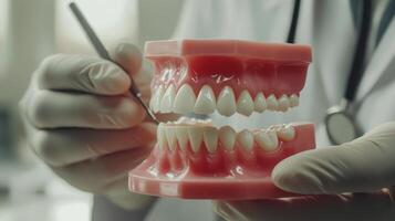 A dental professional holds a detailed digital model of human teeth, showcasing dental expertise and techniques. The setting highlights the integration of technology in modern dentistry practices. photo