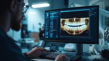 A dental professional analyzes a digital x-ray on a computer screen in a well-equipped clinic. The use of AI technology streamlines patient diagnostics and treatment planning during office hours. photo
