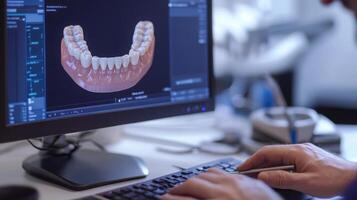 A dentist uses advanced digital tools to analyze a detailed 3D model of a dental arch on a computer screen. This technology aids in precise diagnosis and treatment planning in a modern clinic. photo