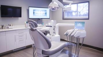 Modern dental office featuring state-of-the-art equipment, digital imaging screens, and a comfortable patient chair. The space is designed for innovative dental care and treatment efficiency. photo